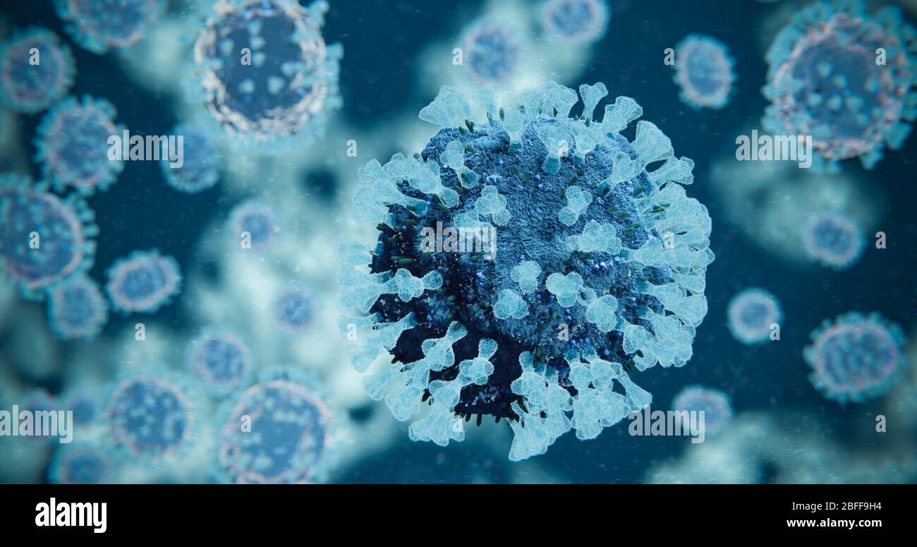 Microscopia Blue COVID-19 molecole di coronavirus - nCOV influenza Virus patogeno sotto Macro Lab microscopio medico - 3D Illustrazione Foto Stock
