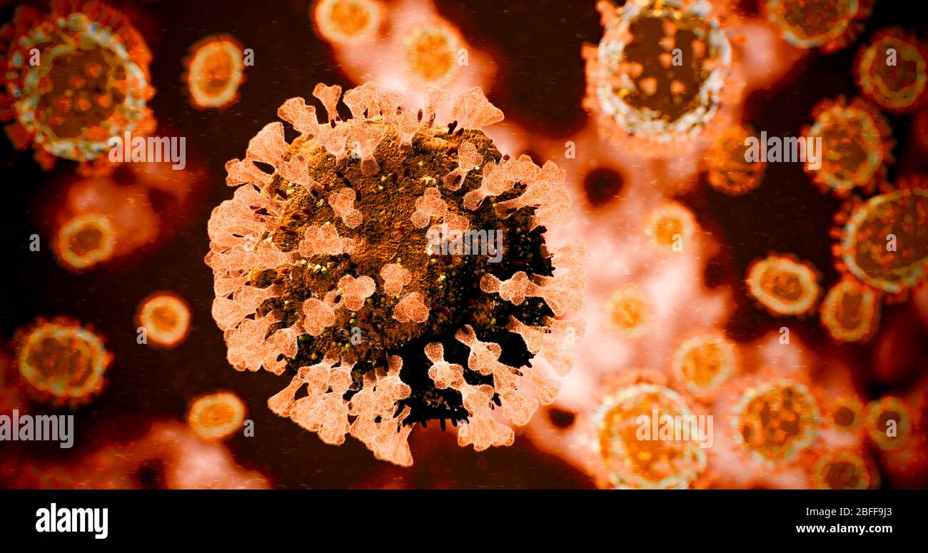 Microscopico arancione COVID-19 molecole di coronavirus - nCOV influenza Virus patogeno sotto Macro Lab microscopio medico - 3D Illustrazione Foto Stock