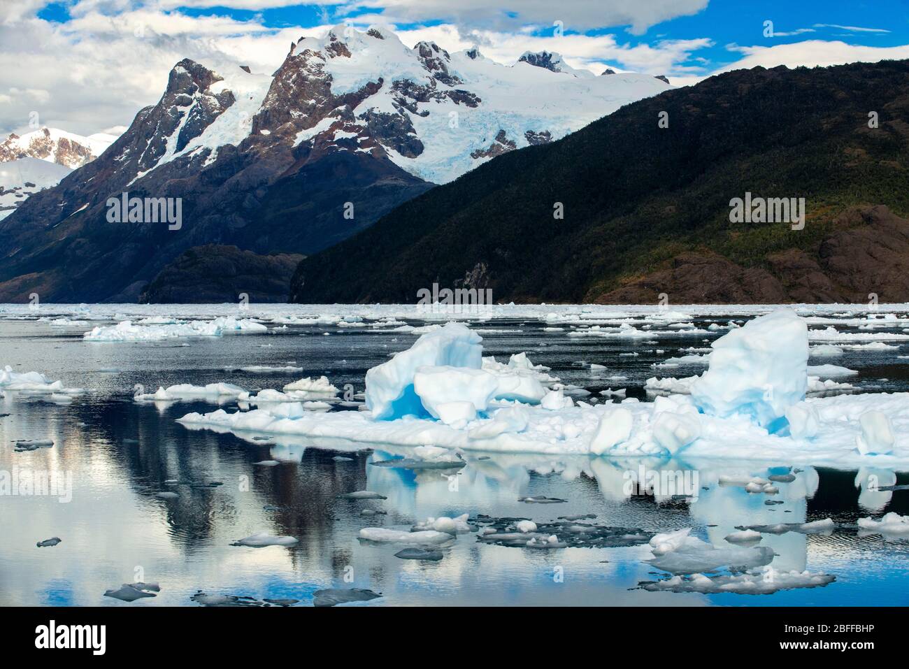 Fjord Calvo sul bordo del canale del Sarmiento nel Parco Nazionale di Bernardo o'Higgins in Patagonia Cile fiordi vicino a Puerto Natales, Cile Foto Stock