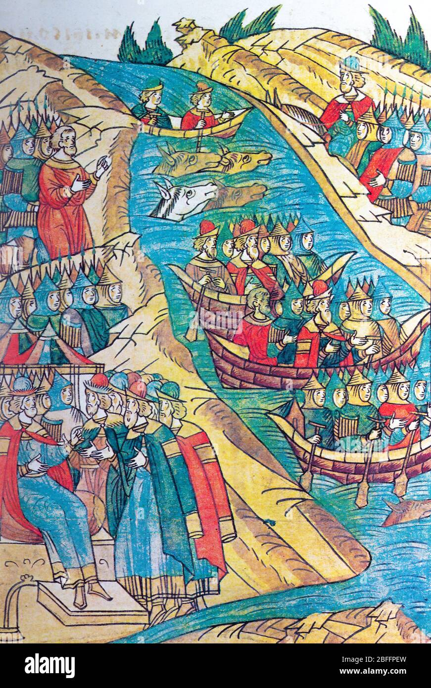 Miniatura del libro medievale russo, illustrazione dal codice illuminato del 16 ° secolo, la storia della battaglia sul campo di Kulikovo Foto Stock