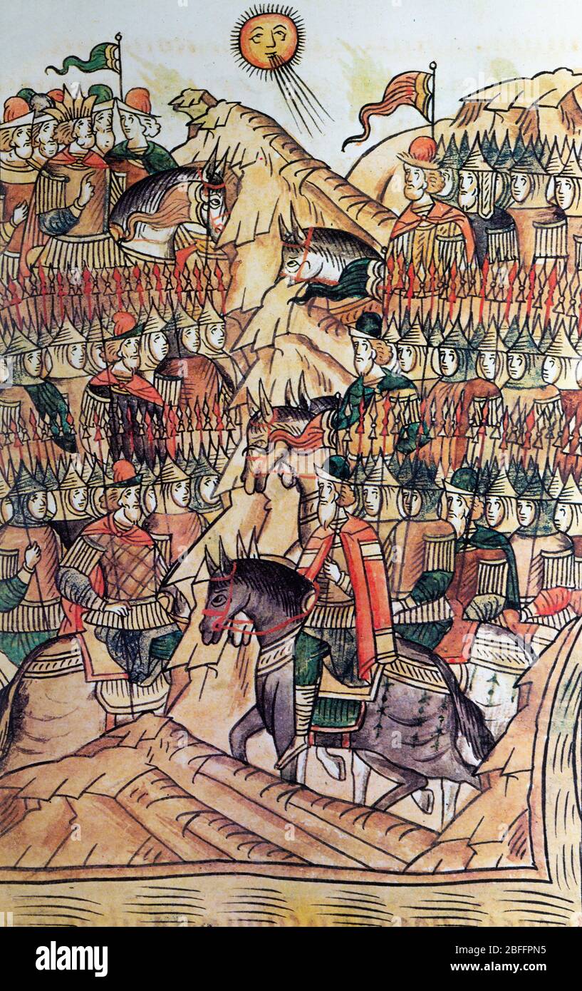 Miniatura del libro medievale russo, illustrazione dal codice illuminato del 16 ° secolo, la storia della battaglia sul campo di Kulikovo Foto Stock