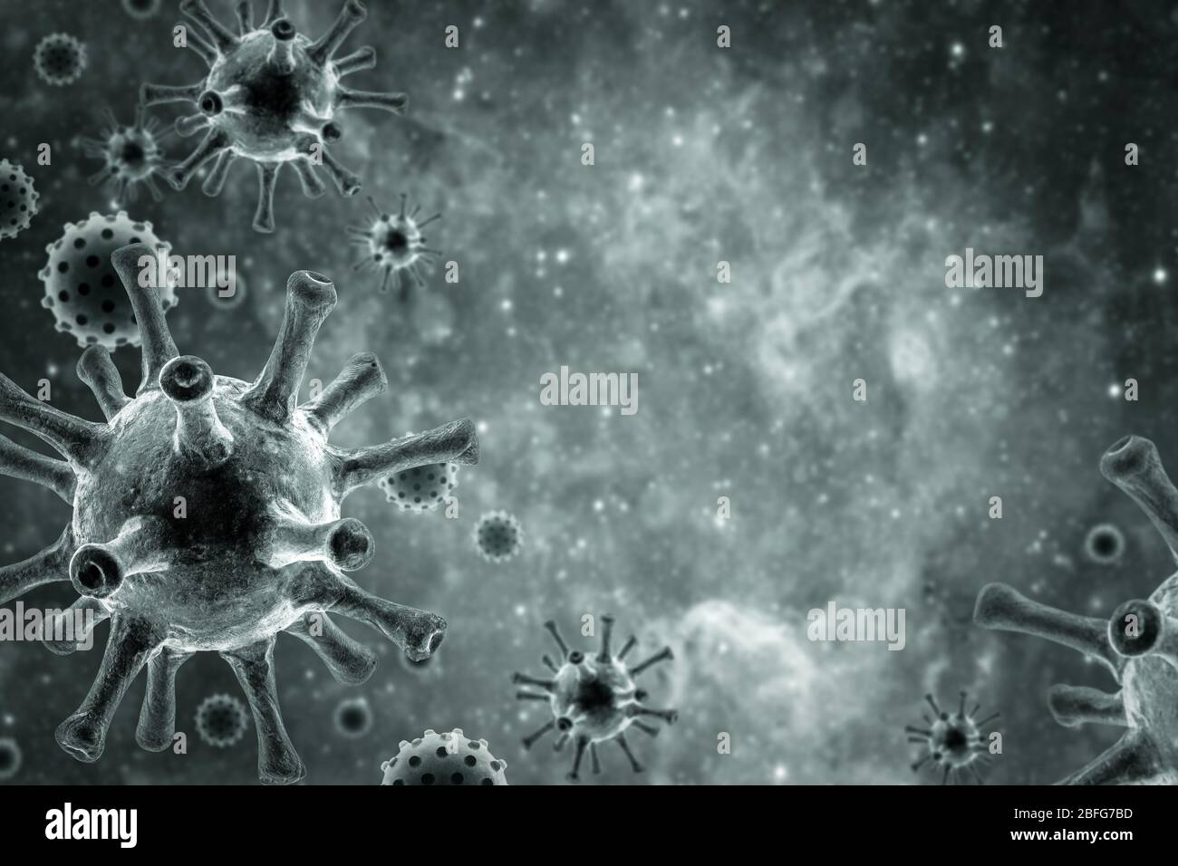 COVID-19 sfondo del virus corona, illustrazione 3d, vista microscopica del virus SARS-cov-2 coronavirus o influenza in cellule. Concetto di virologia scientifica, COVID Foto Stock