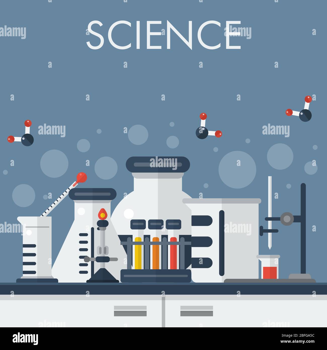Illustrazione vettoriale di concept science flat design. Attrezzature di laboratorio e vetreria sul tavolo. Set di esperimenti chimici. Illustrazione Vettoriale