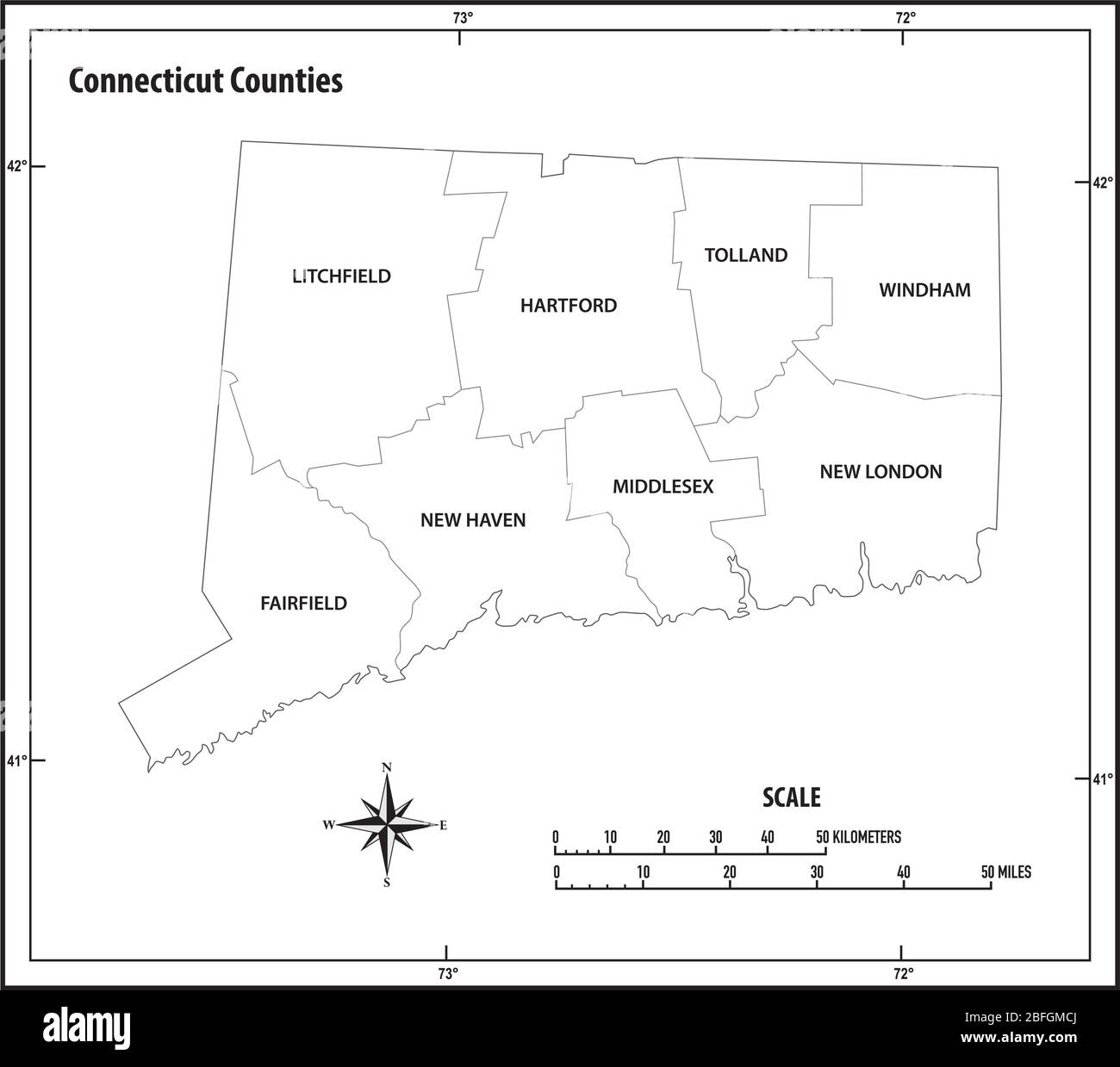 stato del connecticut delineare la mappa vettoriale amministrativa e politica in bianco e nero Illustrazione Vettoriale