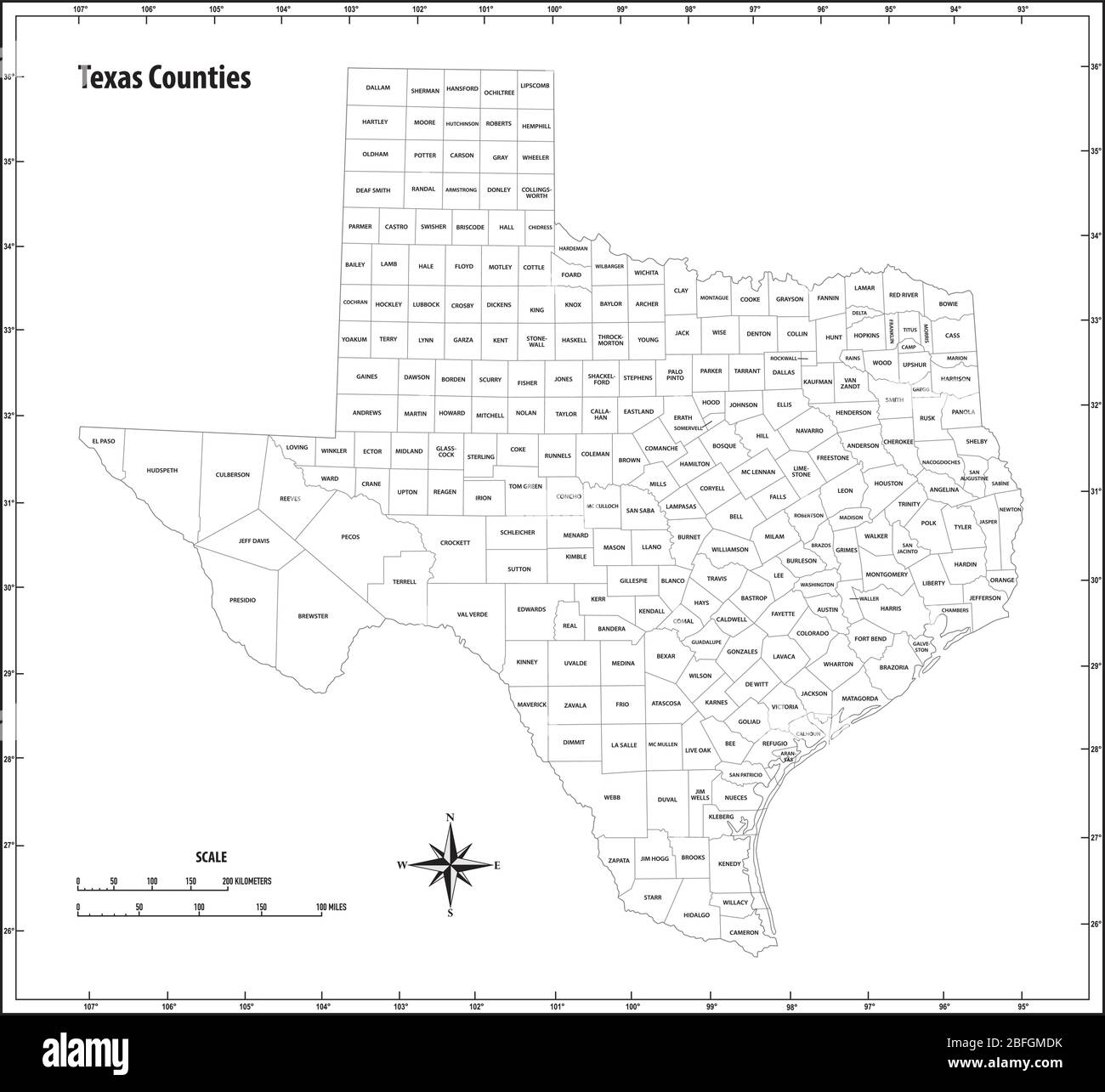 mappa delle linee dello stato del texas in bianco e nero Illustrazione Vettoriale