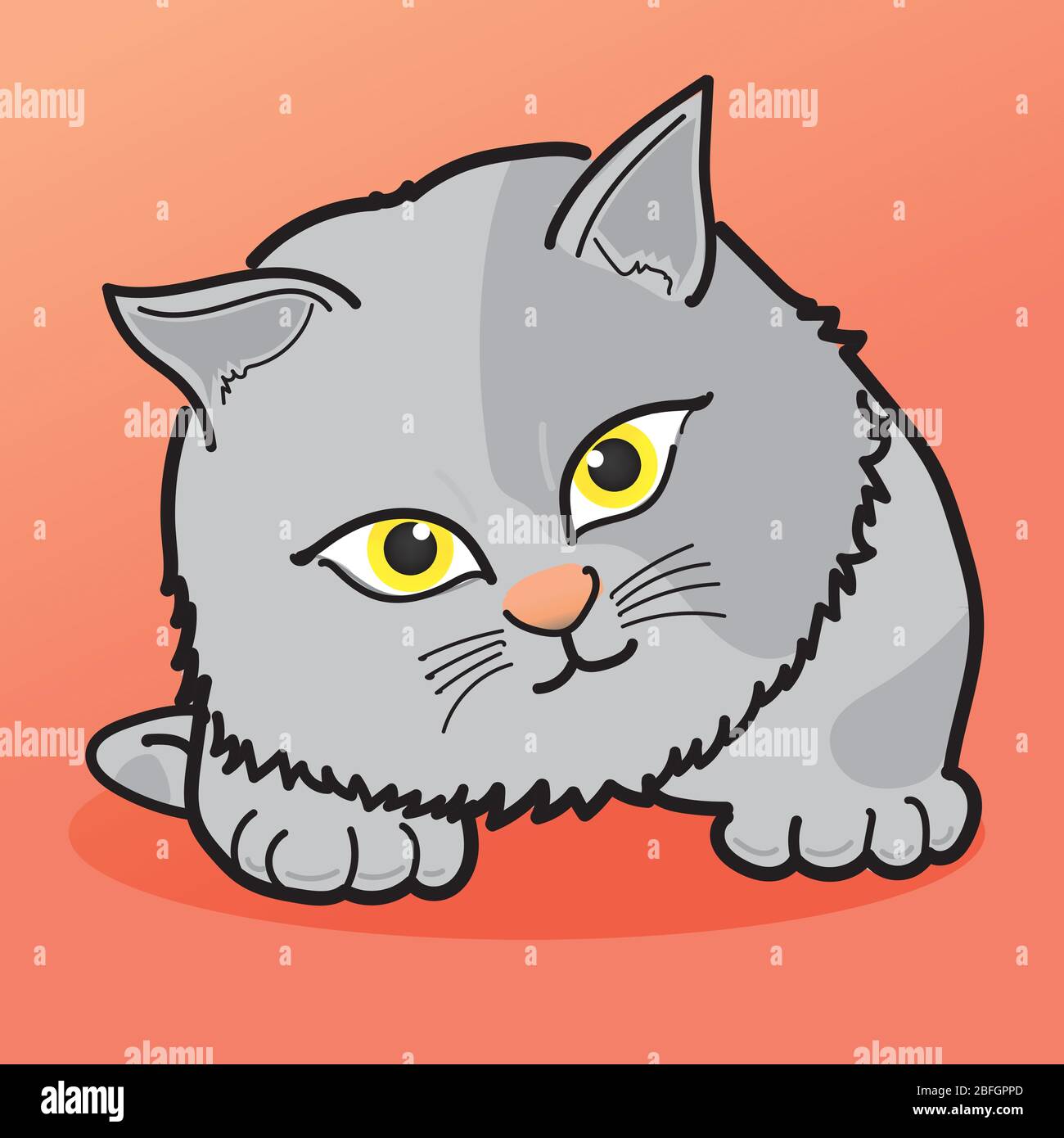 Cat Illustration Clipart. Il gatto grigio ha una marcatura scura sul suo corpo. Ha occhi gialli. È su uno sfondo arancione. Disegno a mano art. Illustrazione Vettoriale