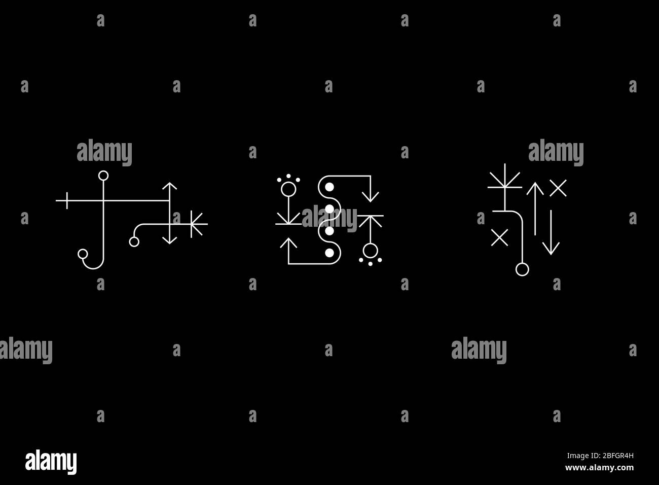 Set di simboli bianchi Magic Geometry. Lettere magiche, geroglifi, antiche iscrizioni segrete. Indicazioni UFO. Simboli di progettazione per puzzle, logica, metroidvania, giochi indie. Illustrazione di un vettore. Illustrazione Vettoriale