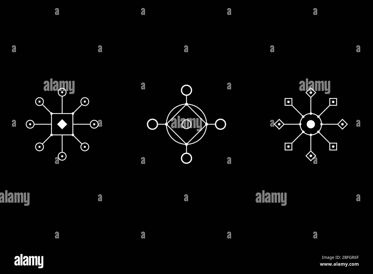 Set di simboli bianchi Magic Geometry. Cerchio, quadrato, rombo con figure inscritte. Illustrazione di un vettore. Illustrazione Vettoriale