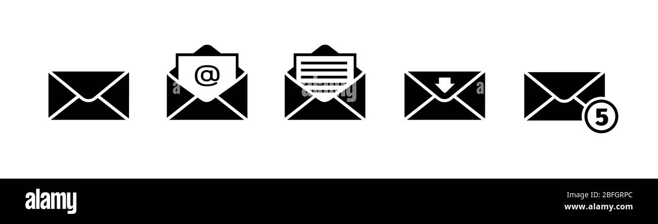 Icona e-mail impostata in nero su sfondo bianco Illustrazione Vettoriale