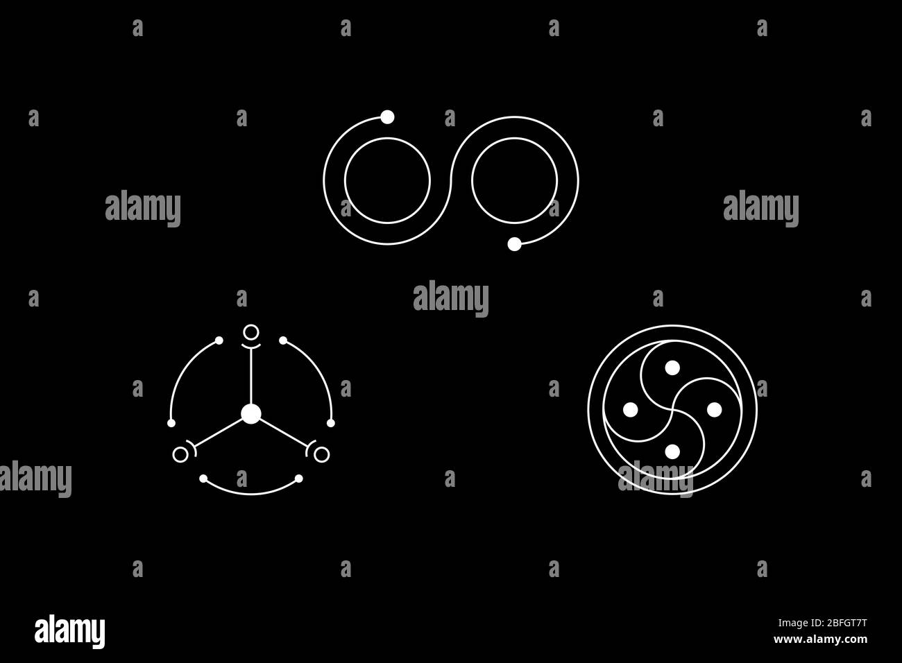 Set di simboli bianchi con cerchio inscritto per la geometria rotonda magica. Illustrazione di un vettore. Illustrazione Vettoriale