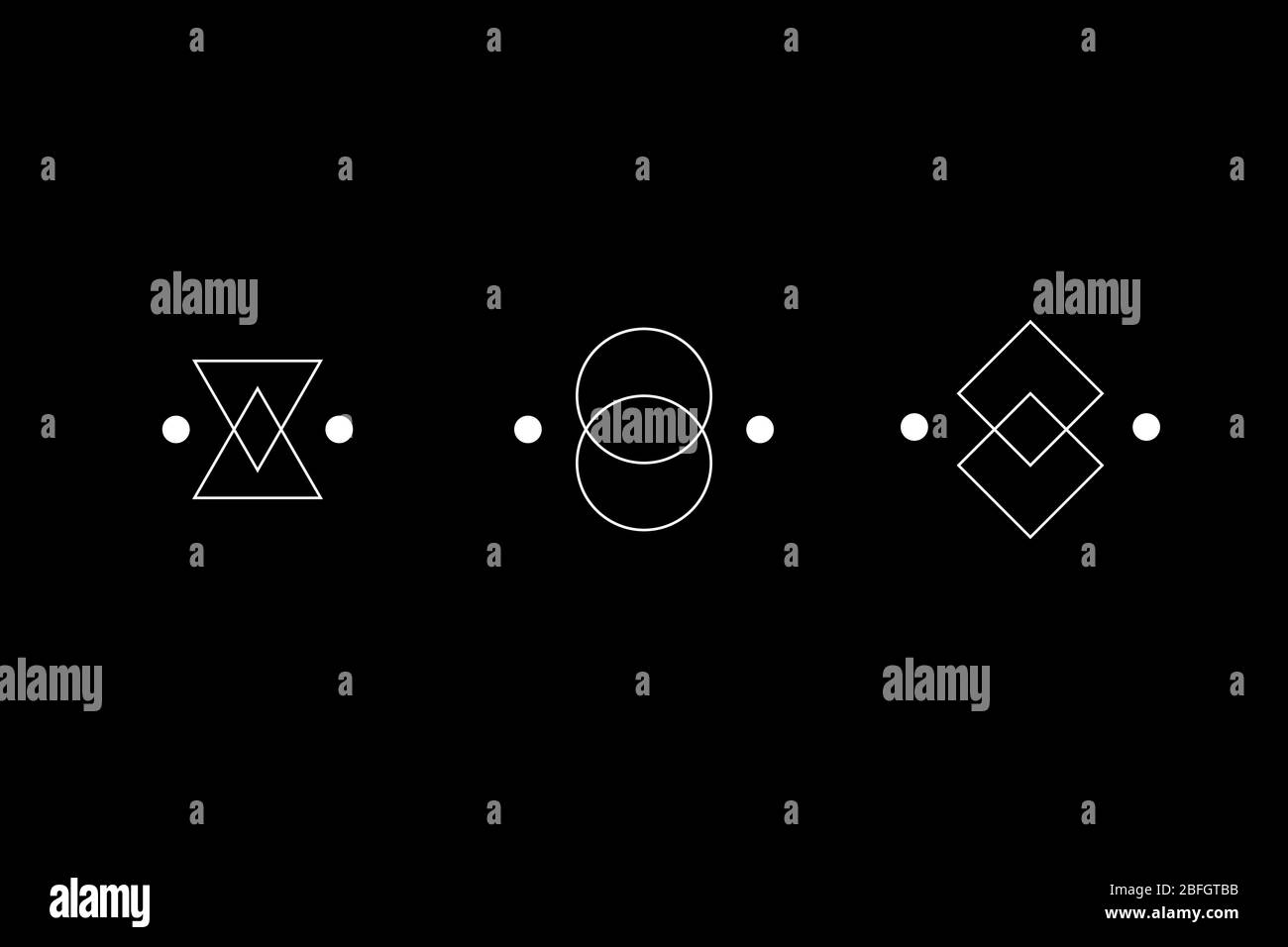 Set di simboli bianchi semplici per la geometria magica. Figure di rhombus, quadrate, di cerchio. Indicazioni UFO. Simboli di progettazione per puzzle, logica, giochi metroidvania. Illustrazione di un vettore. Illustrazione Vettoriale