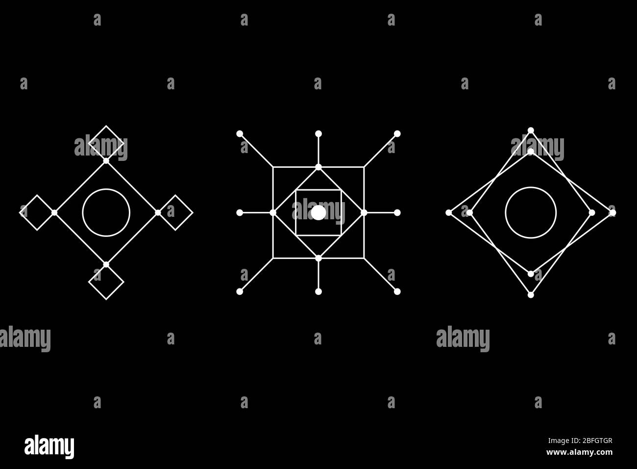 Set di simboli bianchi con geometria rettangolare magica e cerchio inscritto. Illustrazione di un vettore. Illustrazione Vettoriale