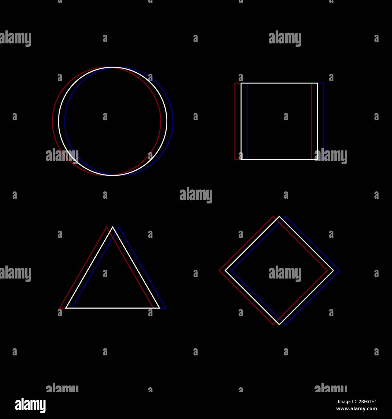 Set di figure geometriche semplici con effetto di difetto. Cerchio, quadrato, triangolo e rombo. Illustrazione di un vettore. Illustrazione Vettoriale