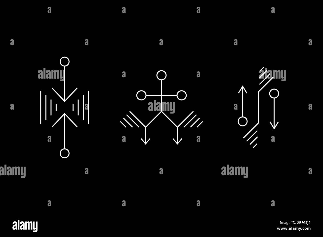 Set di simboli bianchi per geometria aliena. Indicazioni UFO. Simboli di progettazione per puzzle, logica, metroidvania, giochi indie. Illustrazione di un vettore. Illustrazione Vettoriale