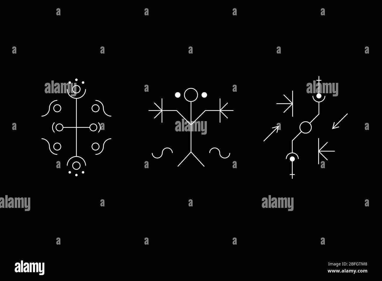 Simbolo di geometria occulta con cerchi, linee, croci e figure. Antichi segni segreti. Disegni delle grotte. Indicazioni UFO. Simboli di progettazione per giochi logici, metroidvania e indie. Illustrazione di un vettore. Illustrazione Vettoriale