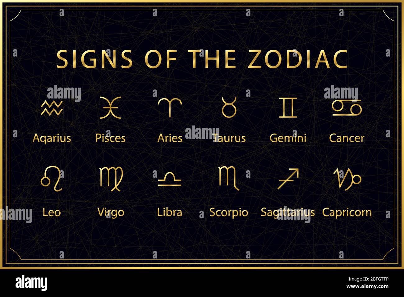 Segni dorati dello zodiaco su sfondo scuro. Geometria sacra. Illustrazione di un vettore. Illustrazione Vettoriale