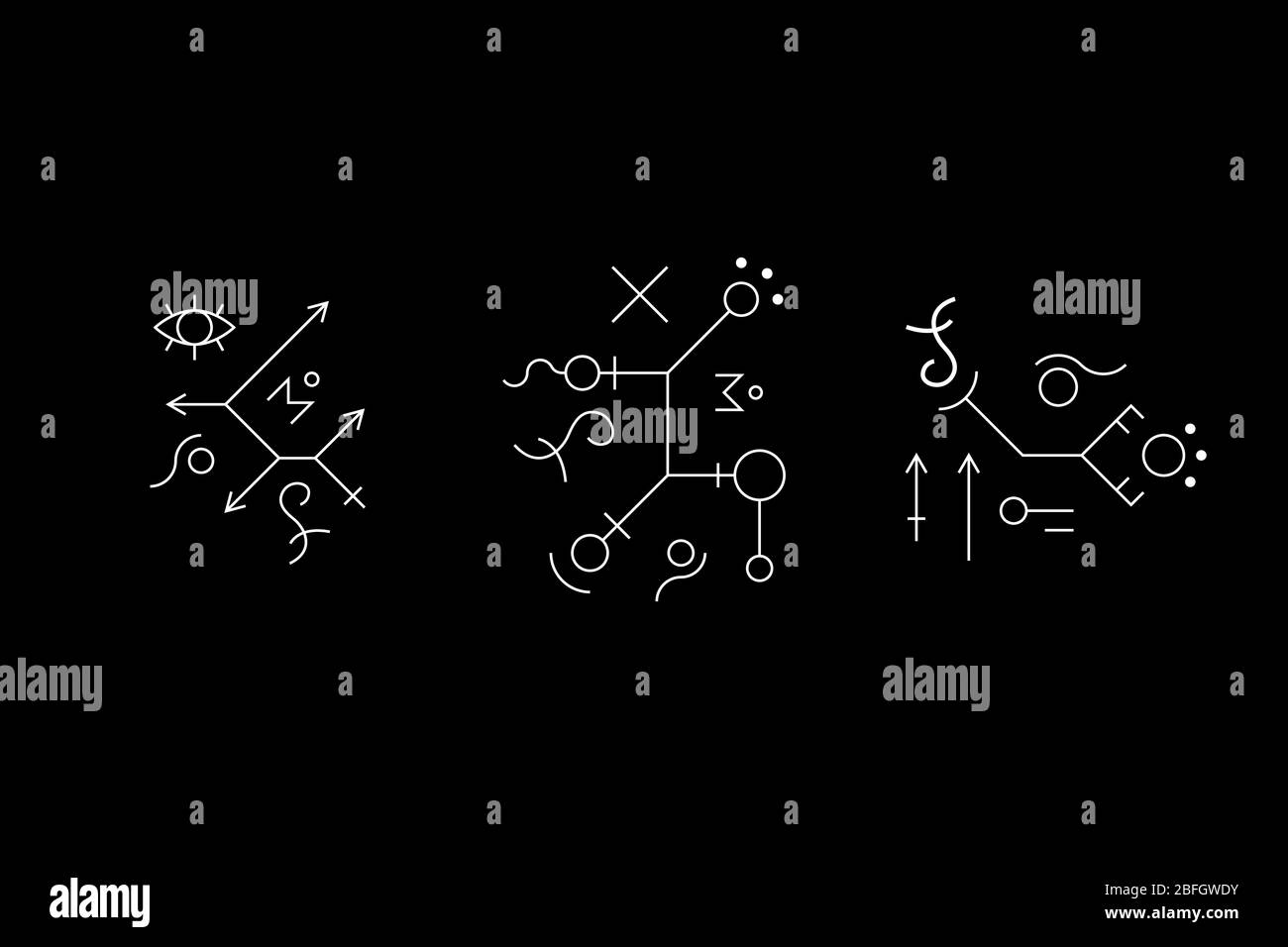 Misteriosa serie di simboli geometrici. Antiche iscrizioni e lettere segrete. Segnale visivo. Disegni delle grotte. Indicazioni UFO. Simboli di progettazione per puzzle, logica, metroidvania e giochi indie. Illustrazione di un vettore. Illustrazione Vettoriale