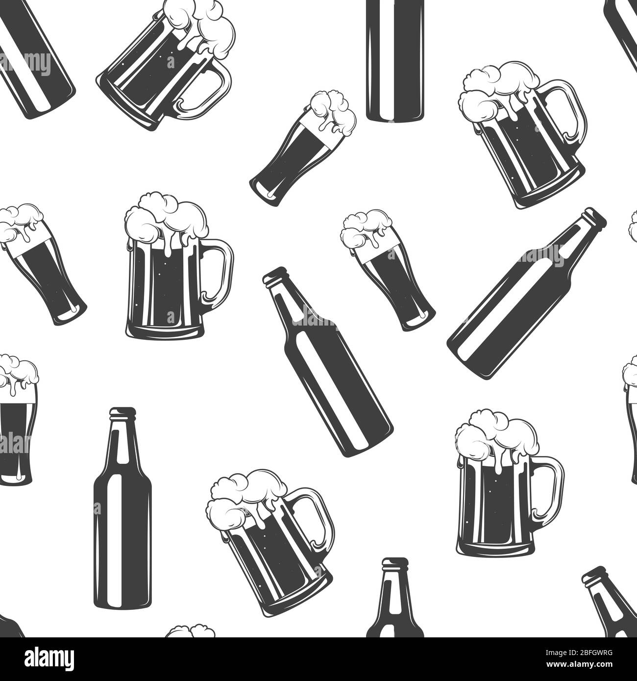Bicchiere e bottiglia di birra, motivo monocromo senza cuciture Illustrazione Vettoriale