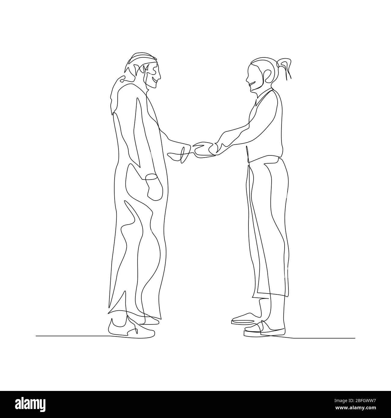 Uomo continuo in una linea in abiti arabici scuote le mani con una donna. Concetto aziendale. Illustrazione vettoriale. Illustrazione Vettoriale