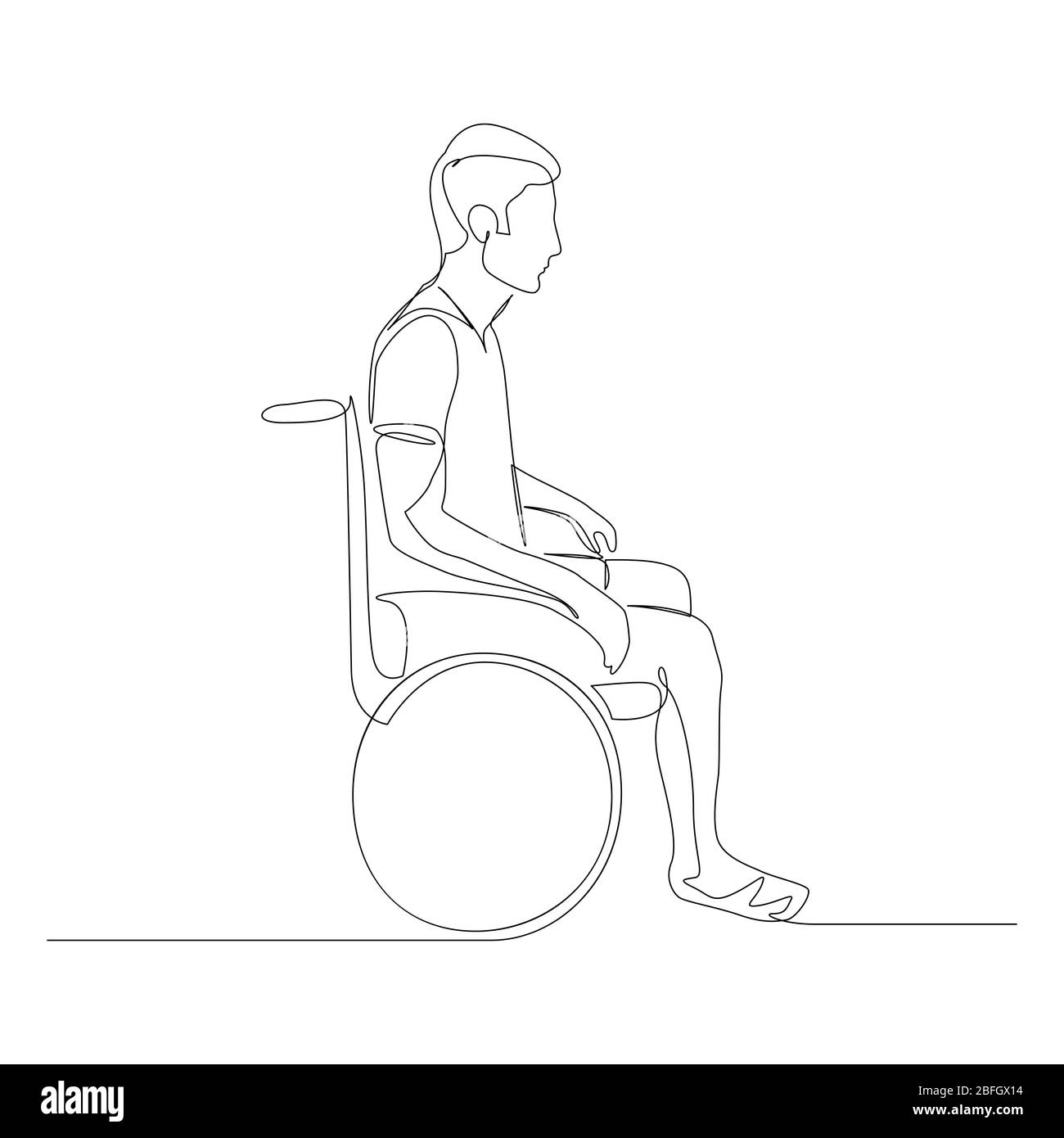 Uomo in linea continuo su sedia a rotelle. Disabilitato. Illustrazione vettoriale. Illustrazione Vettoriale