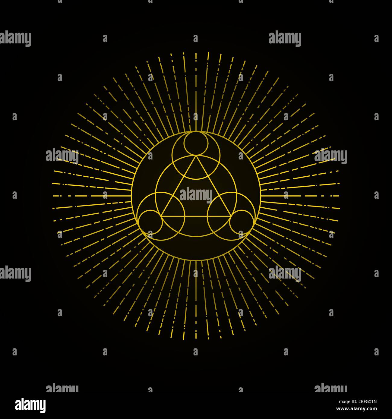 Segno di geometria oro alchimia su sfondo nero. Geometria sacra. Illustrazione di un vettore. Illustrazione Vettoriale