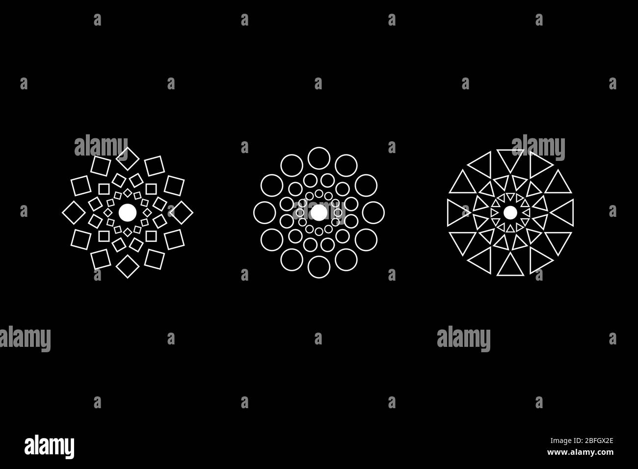 Set di simboli bianchi per geometria simmetrica spirituale. Figure di rhombus, quadrate, di cerchio. Indicazioni UFO. Simboli di progettazione per puzzle, logica, giochi metroidvania. Illustrazione di un vettore. Illustrazione Vettoriale