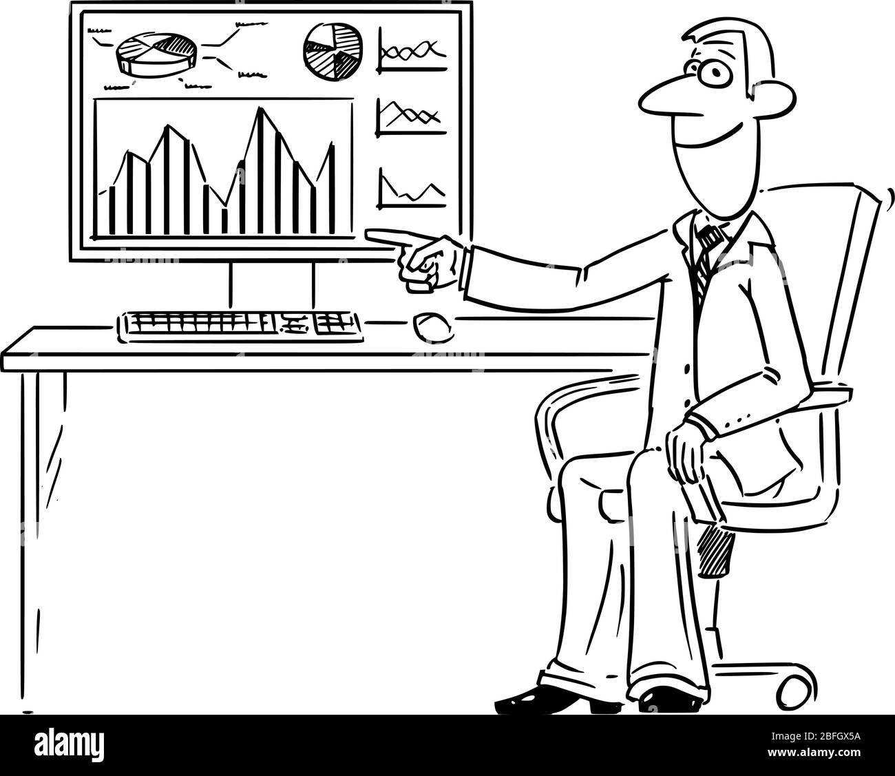 Vettore divertente fumetto disegno di uomo d'affari o uomo che lavora in ufficio sul computer e che punta a grafico finanziario, diagramma o grafico sul display o schermo. Illustrazione Vettoriale