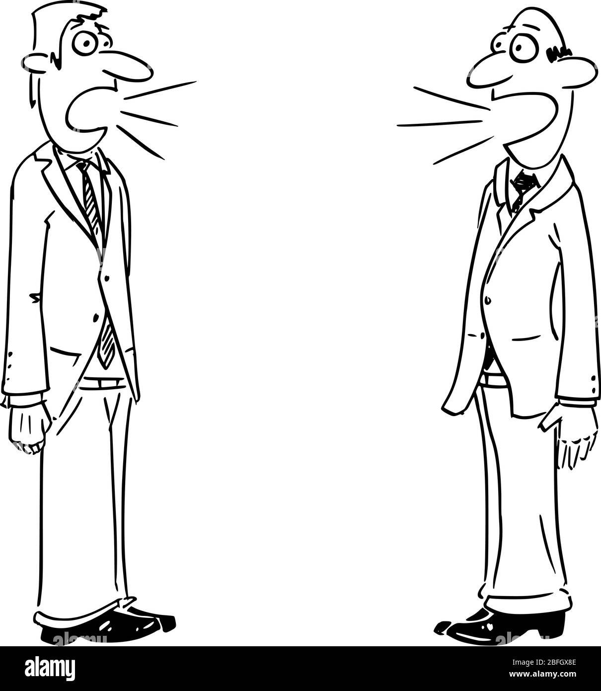 Vettore divertente fumetto disegno di due uomini d'affari o di uomini che parlano. Concetto di discussione o comunicazione. Illustrazione Vettoriale