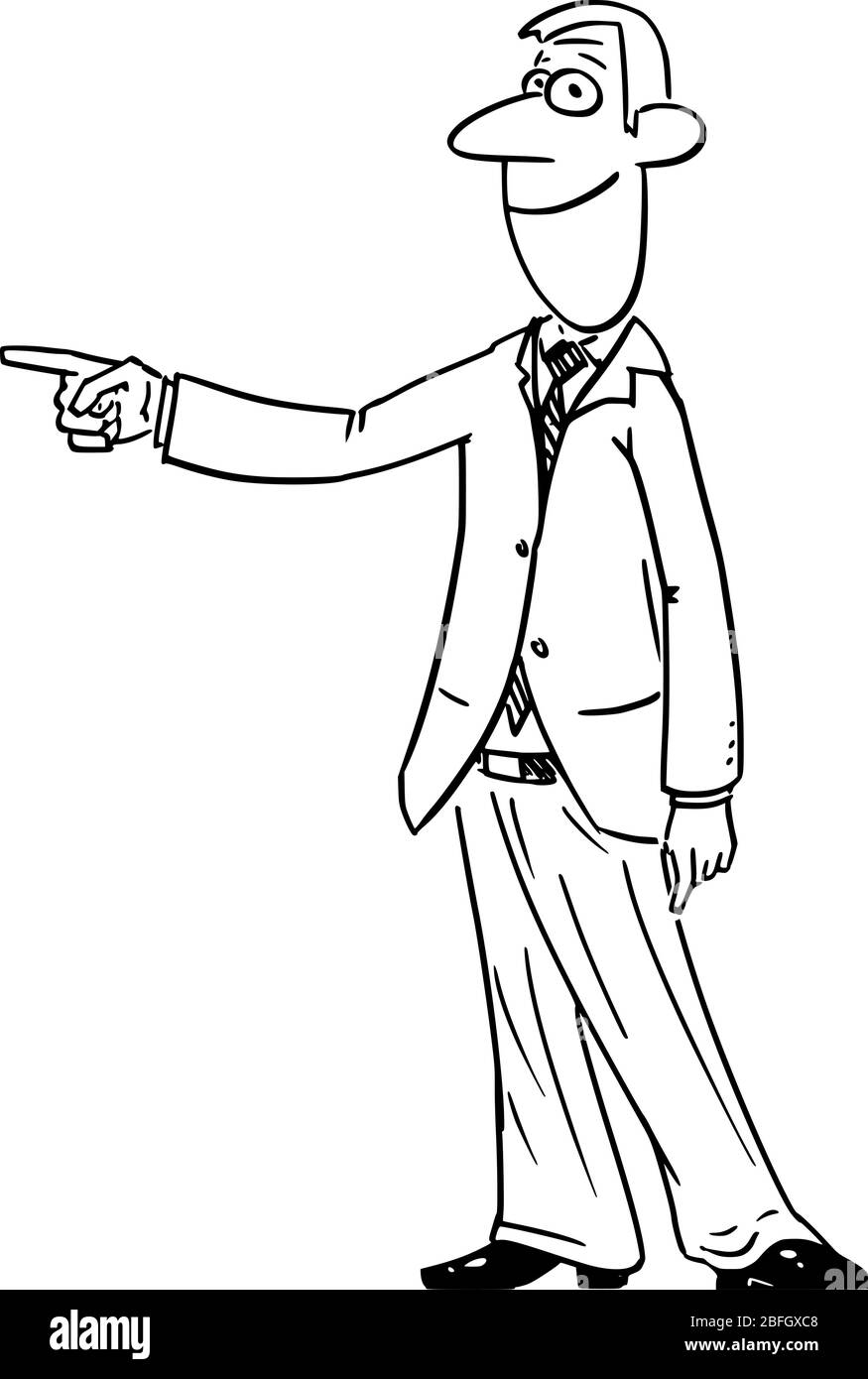 Vettore divertente fumetto disegno di uomo d'affari o mano o dito di punta, presentazione o mostrare qualcosa. Illustrazione Vettoriale