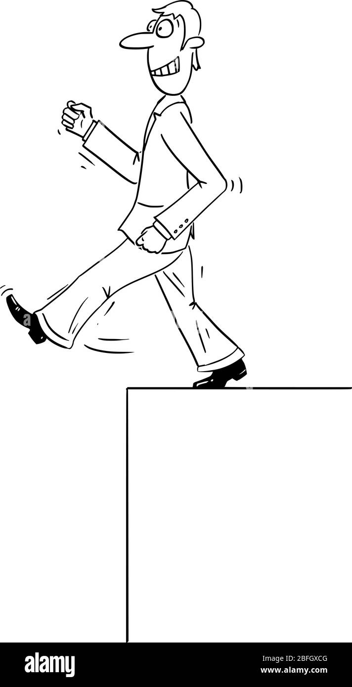 Vettore divertente fumetto disegno di uomo d'affari fiducioso o uomo a piedi in avanti ignorando gap o scogliera e cadere. Concetto di mercato o crisi. Illustrazione Vettoriale