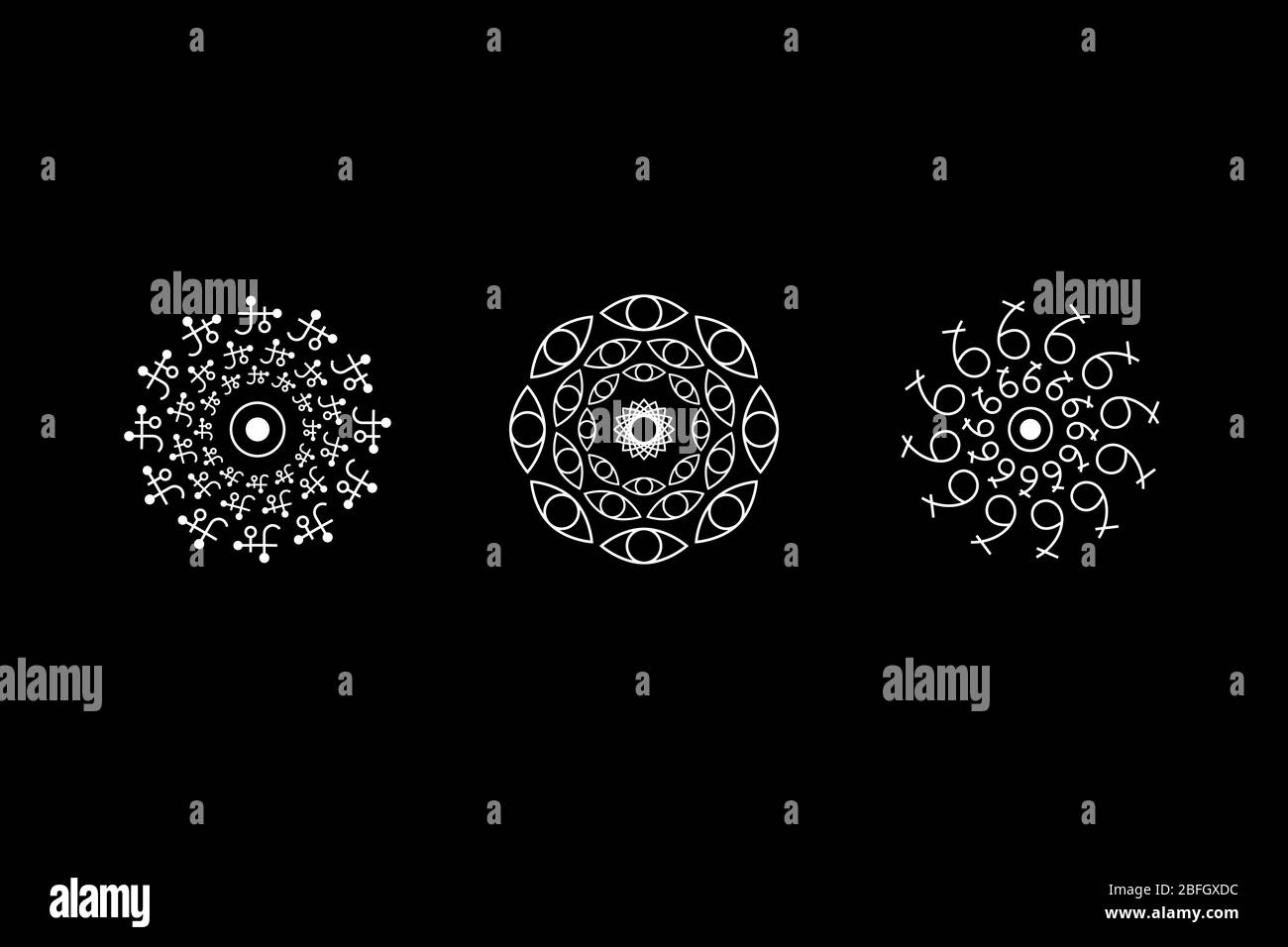 Set di simboli bianchi con geometria circolare magica. Simboli magici, occhi, segni. Indicazioni UFO. Simboli di progettazione per puzzle, logica, giochi metroidvania. Illustrazione di un vettore. Illustrazione Vettoriale