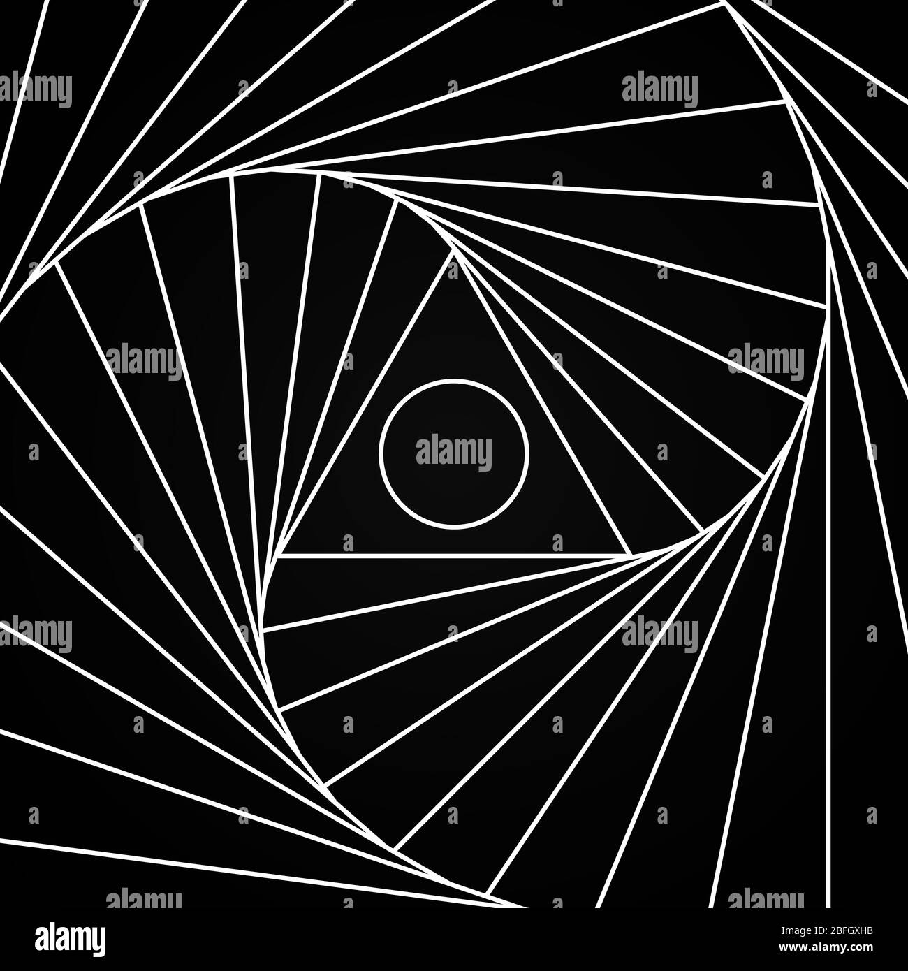 Disegno bianco con rotazione frattale con un triangolo e un cerchio al centro su sfondo nero. Illustrazione di un vettore. Illustrazione Vettoriale