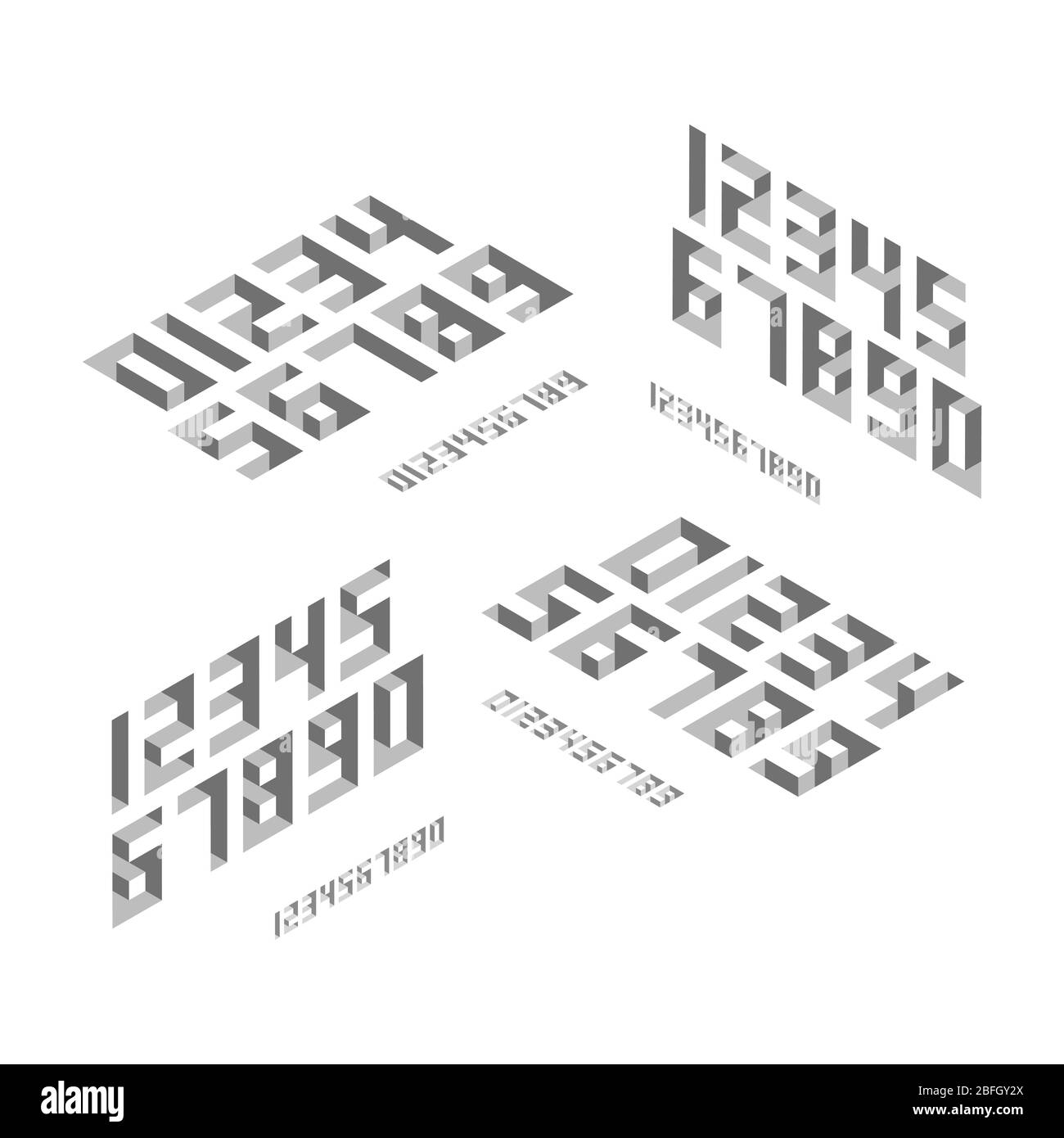 Set di numeri base in stile isometrico con effetto di profondità a diverse angolazioni. Design minimalista e piatto in tonalità di grigio. Rendering 3D. Illustrazione Vettoriale