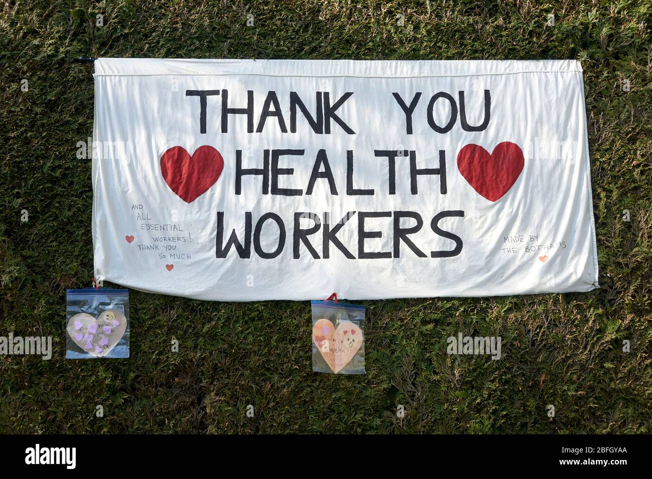 Vancouver, Canada, 18 aprile 2020. Un banner appeso su una siepe di fronte a una casa ringrazia gli operatori sanitari durante la pandemia COVD-19. Foto Stock