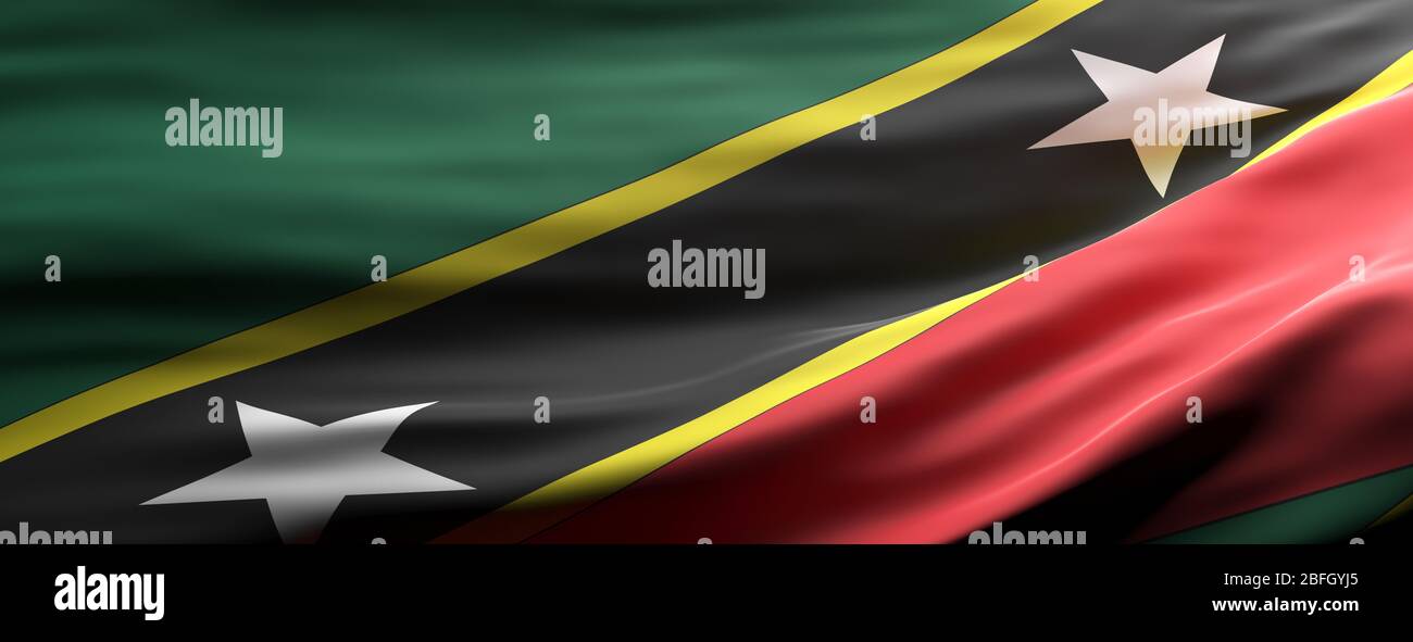 Simbolo di Saint Kitts e Nevis, bandiera nazionale che sventola texture sfondo, lingua, concetto di cultura, banner. illustrazione 3d Foto Stock