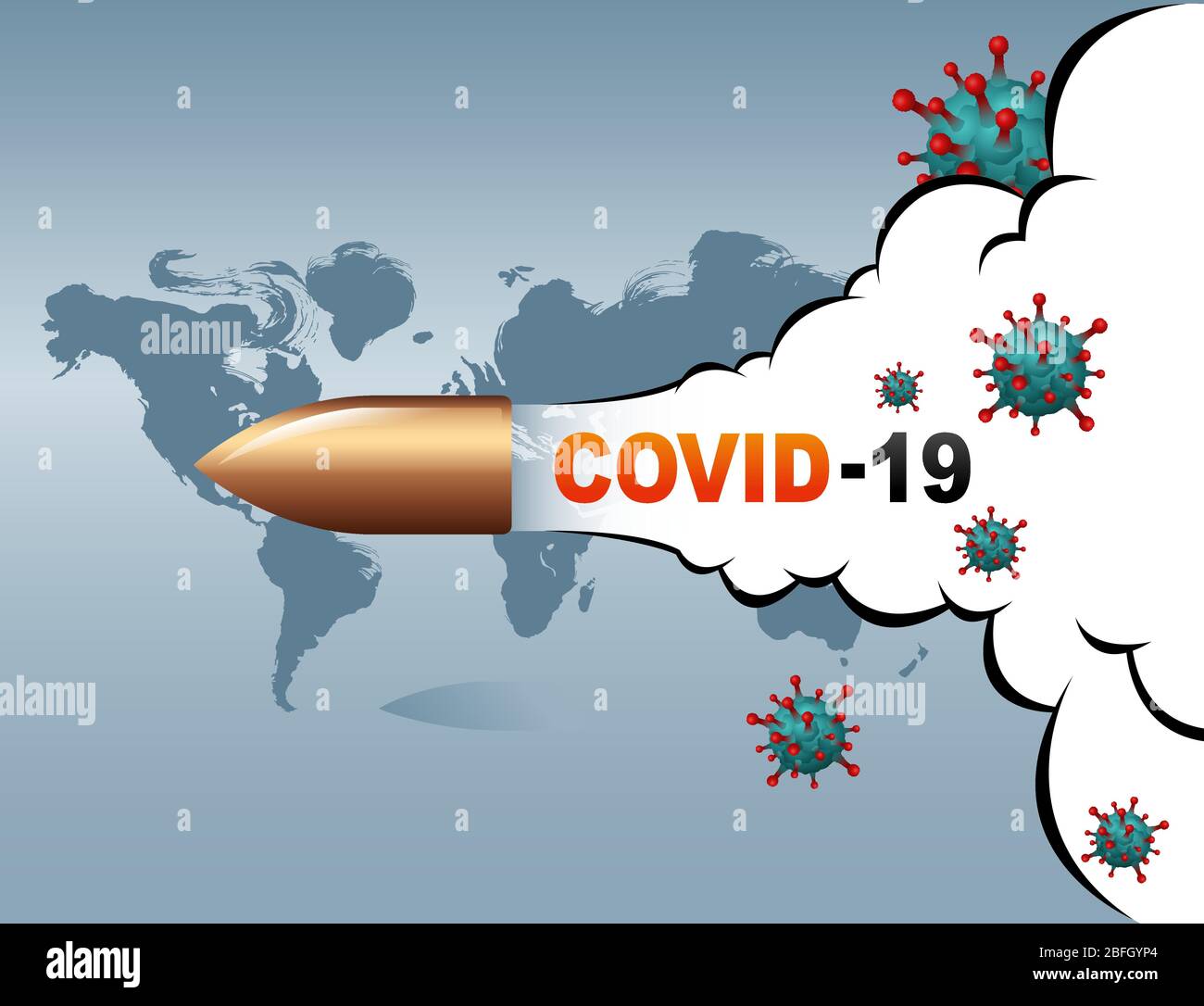 Covid-19 minaccia il mondo con la stessa rapidità con cui è una pericolosa pallottola. Il coronavirus si diffonde intorno alla mappa del mondo. Illustrazione Vettoriale