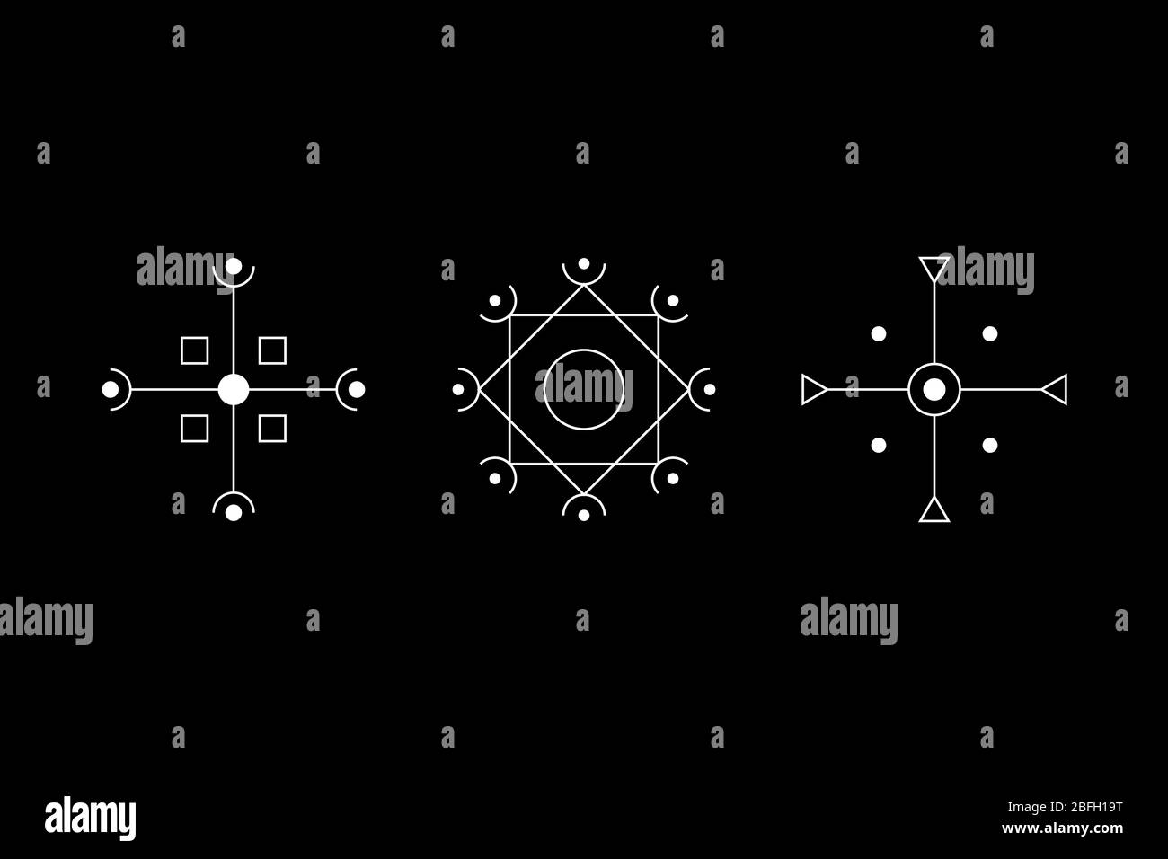 Set di simboli bianchi crociati Magic Geometry. Cerchio, quadrato, rombo con figure inscritte. Indicazioni UFO. Simboli di progettazione per puzzle, logica, giochi metroidvania. Illustrazione di un vettore. Illustrazione Vettoriale