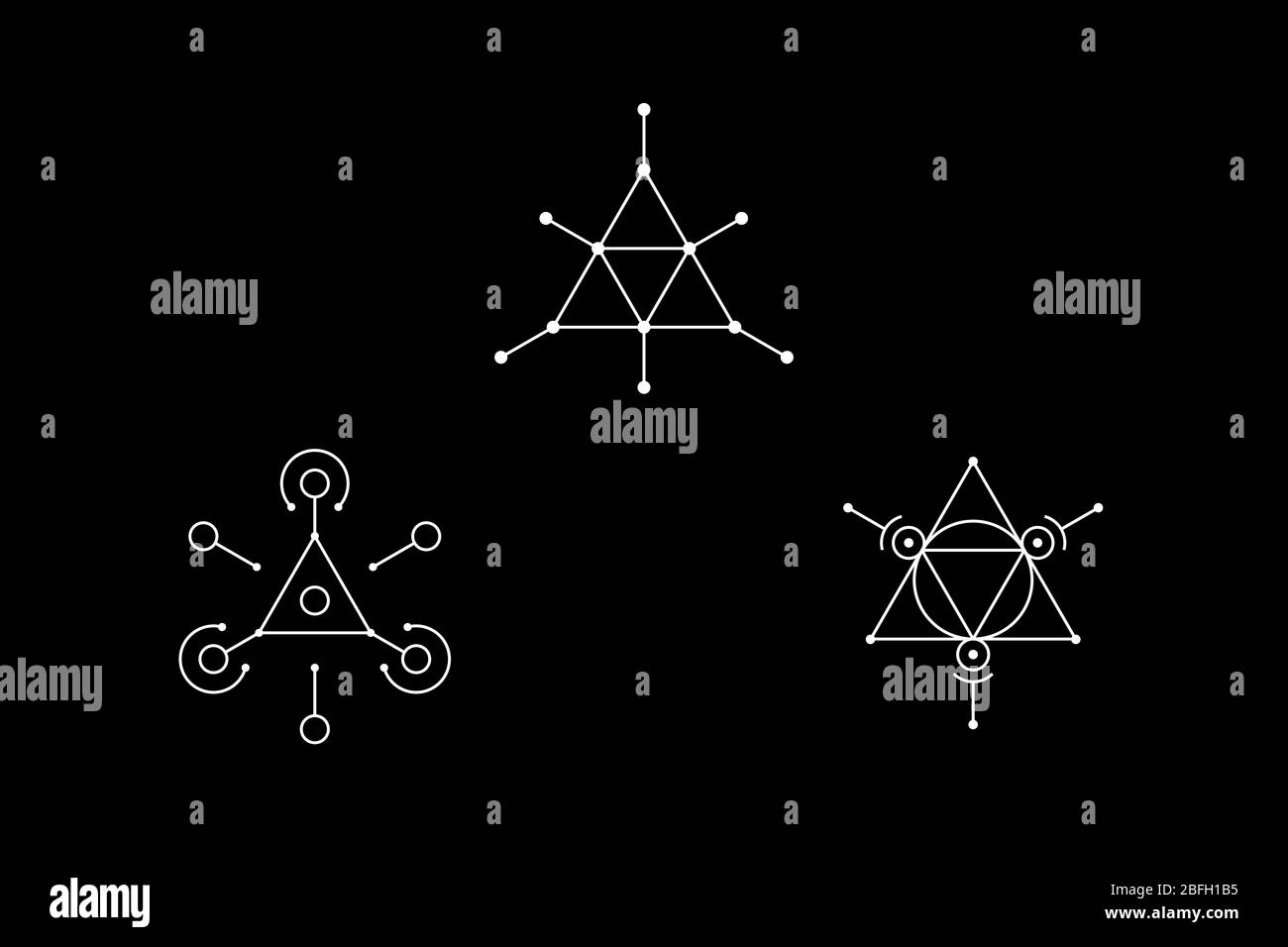 Simbolo bianco con geometria triangolare magica e cerchio inscritto. Illustrazione di un vettore. Illustrazione Vettoriale