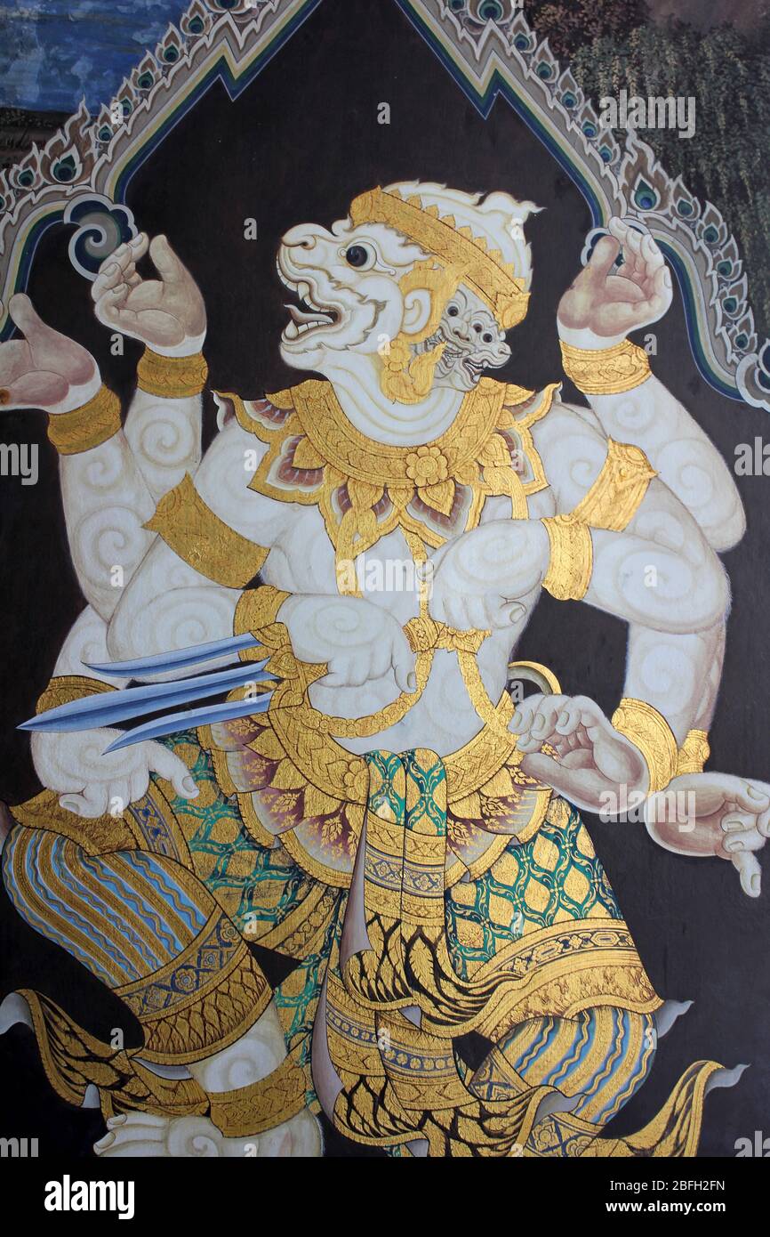 Hanuman Art in the Thai Epic Ramakien (versione tailandese del Ramayana) in Wat Phra Kaew, Bangkok Foto Stock