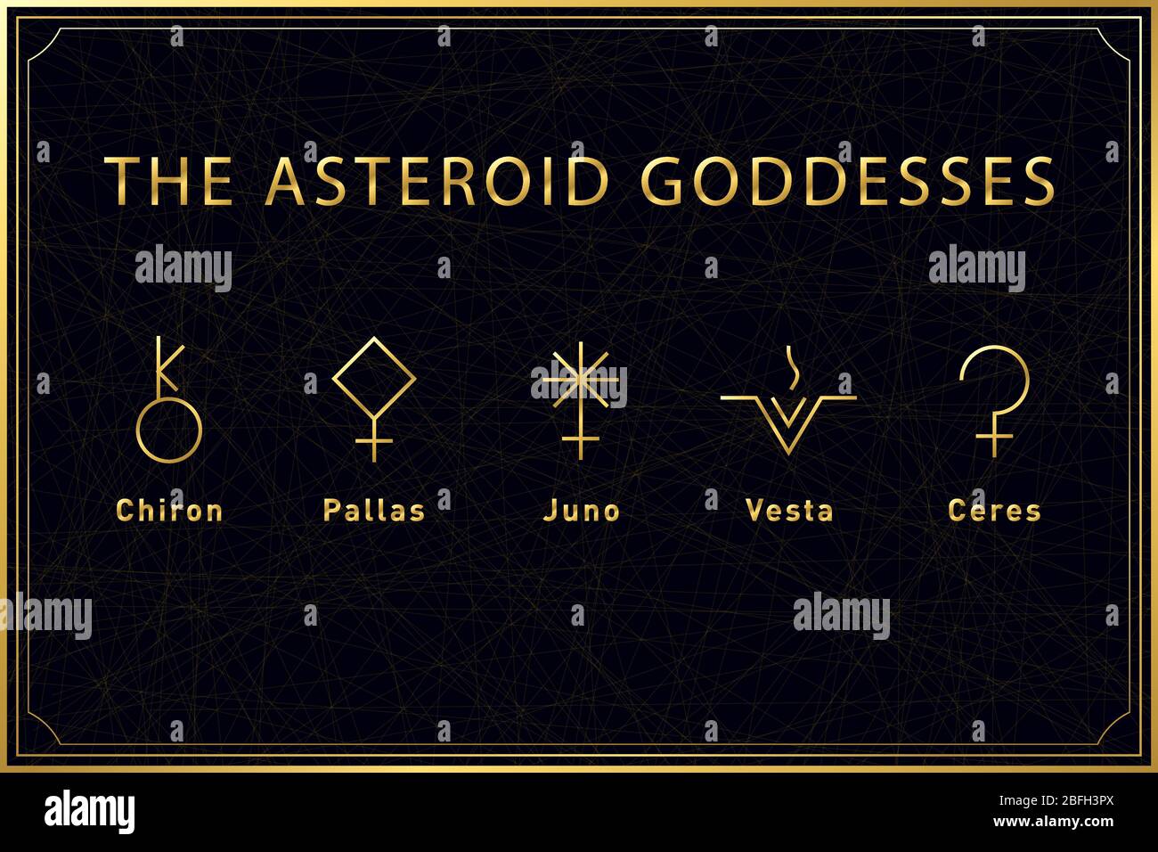 Set di simboli alchemici dorati delle dea degli asteroidi su sfondo scuro. Geometria sacra. Illustrazione di un vettore. Illustrazione Vettoriale