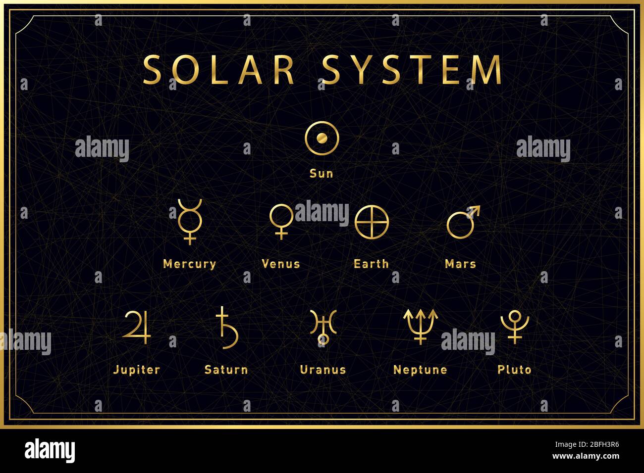 Simboli dorati alchemici dei corpi del sistema solare su sfondo scuro. Geometria sacra. Illustrazione di un vettore. Illustrazione Vettoriale