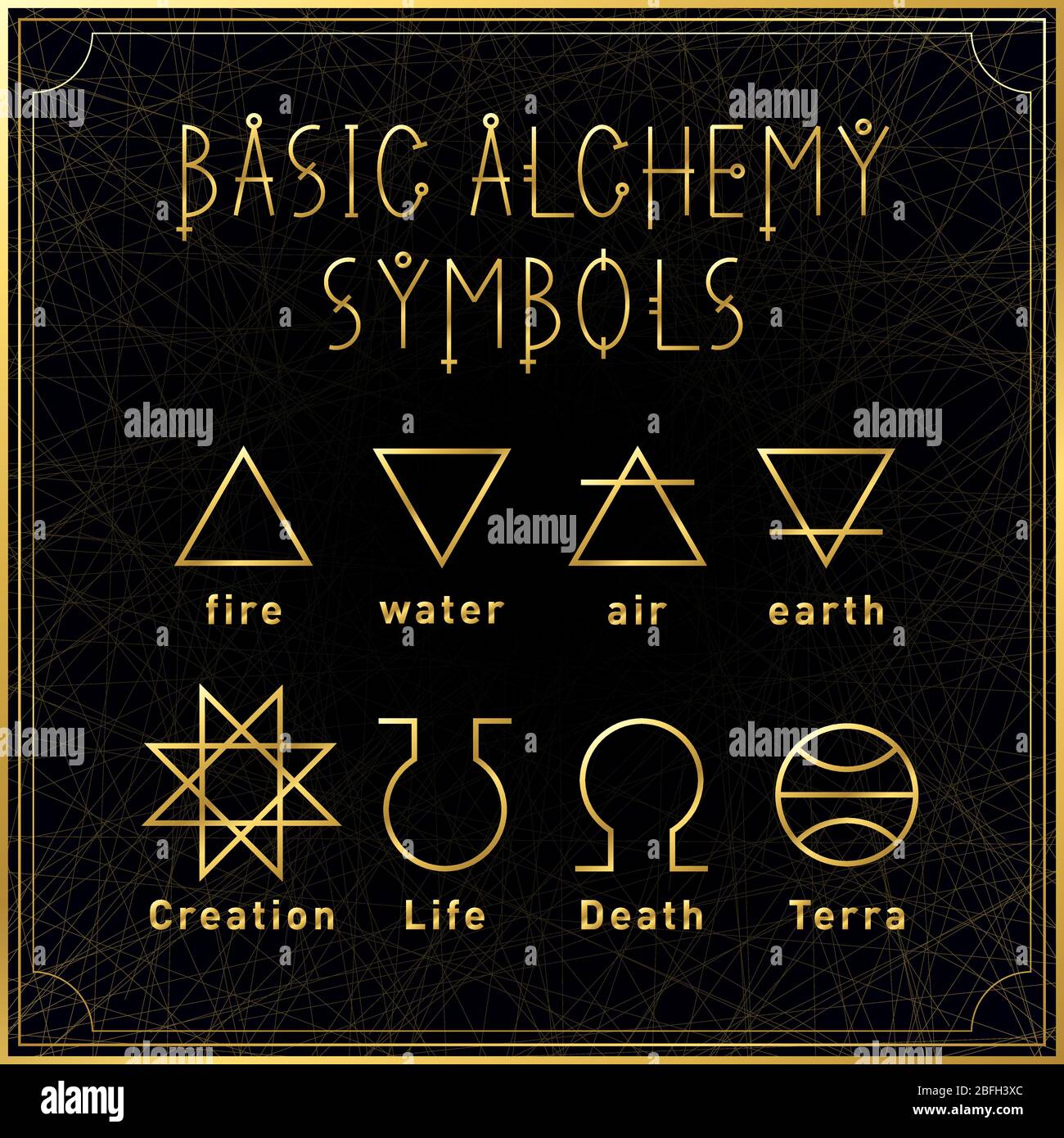 Simboli base dorati alchemici impostati su sfondo scuro. Elementi della natura. Creazione, vita, morte, terra. Geometria sacra. Illustrazione di un vettore. Illustrazione Vettoriale