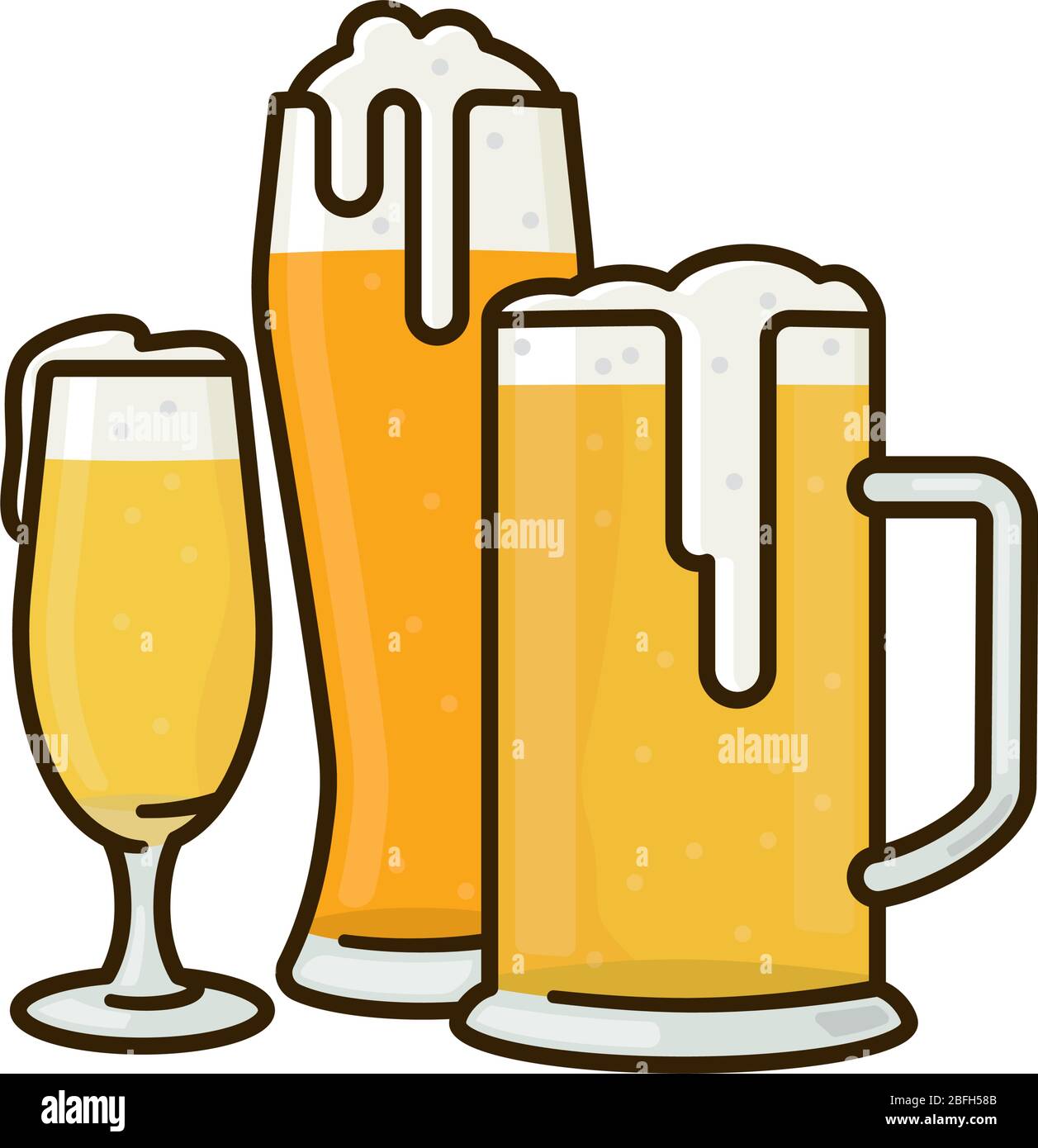 Varietà di bicchieri di birra isolato vettore illustrazione per la Giornata tedesca della birra il 23 aprile. Simbolo delle bevande alcoliche tradizionalmente preparate. Illustrazione Vettoriale