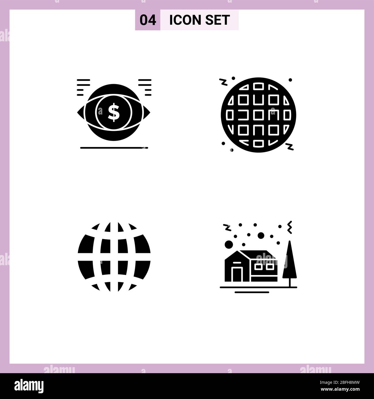 Set moderno di 4 glifi solidi e simboli come occhio, globale, finanza, cibo, internet Editable Vector Design Elements Illustrazione Vettoriale