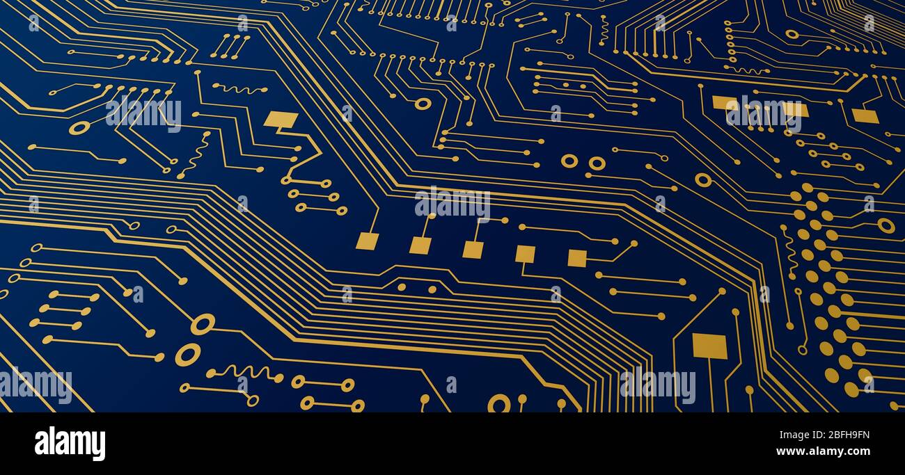 Nanotecnologie moderne. Primo piano della scheda a circuiti elettronici. Illustrazione. Panorama Foto Stock