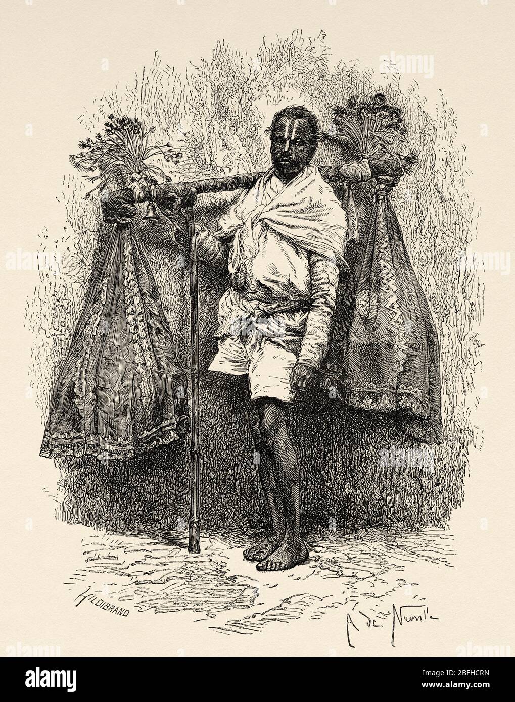 Ritratto di portatore di reliquie Fakir, Baroda (Vadodara). Gujarat, India. Vecchia illustrazione di incisione da El Mundo en la mano 1878 Foto Stock