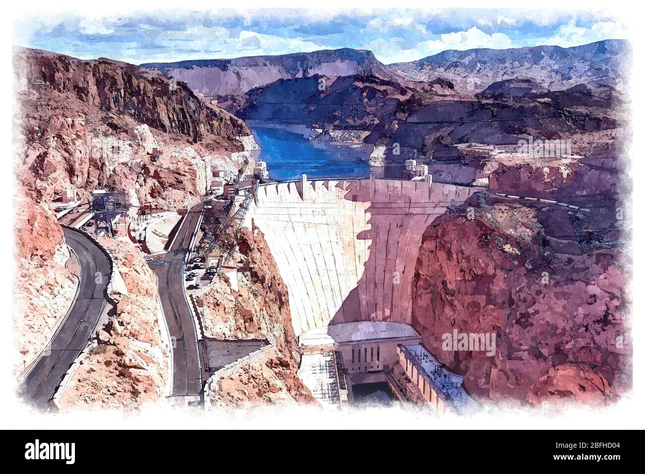 Hoover Dam Digital Watercolor Painting Foto Stock