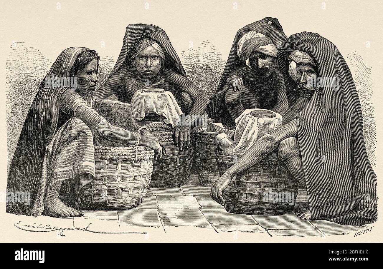 Ritratto dei venditori di latte a Madras, India. Vecchia illustrazione di incisione da El Mundo en la mano 1878 Foto Stock