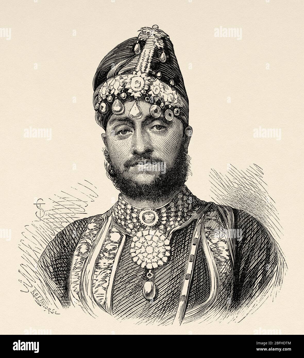 Ritratto di Maharana di Udaipur. Maharana è una variante del titolo reale indiano Rana, denota re di re in Hindi. India. Vecchia incisione illustra Foto Stock