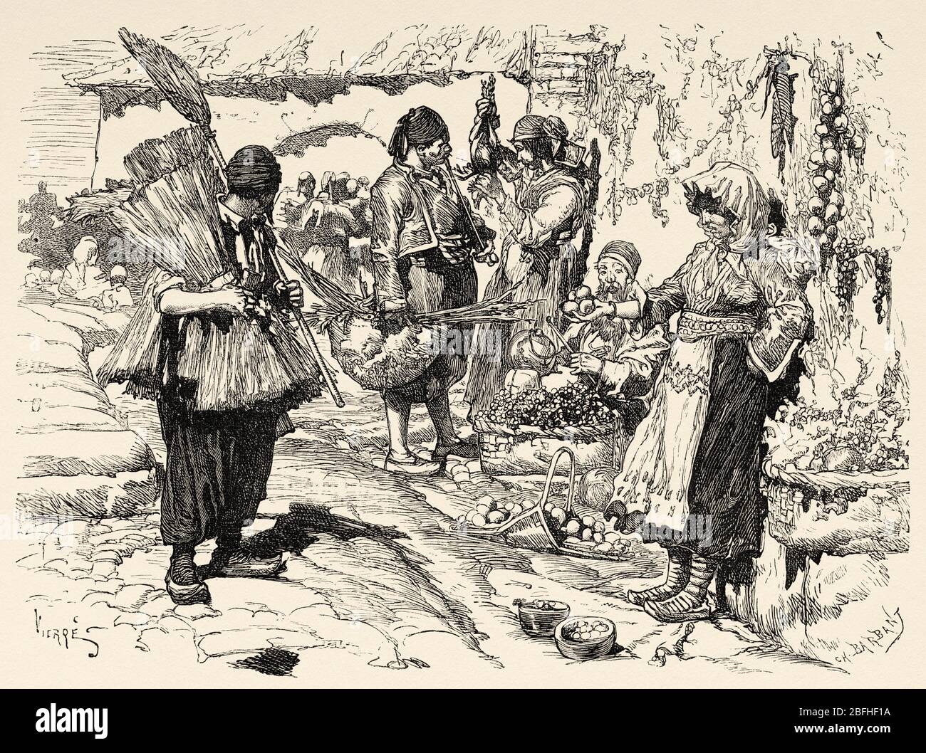 Abiti Canallers al mercato di Dubrovnik, Croazia, Europa. Vecchia illustrazione incisione viaggio in Istria & Dalmazia 1874 di Charles Yriarte Foto Stock